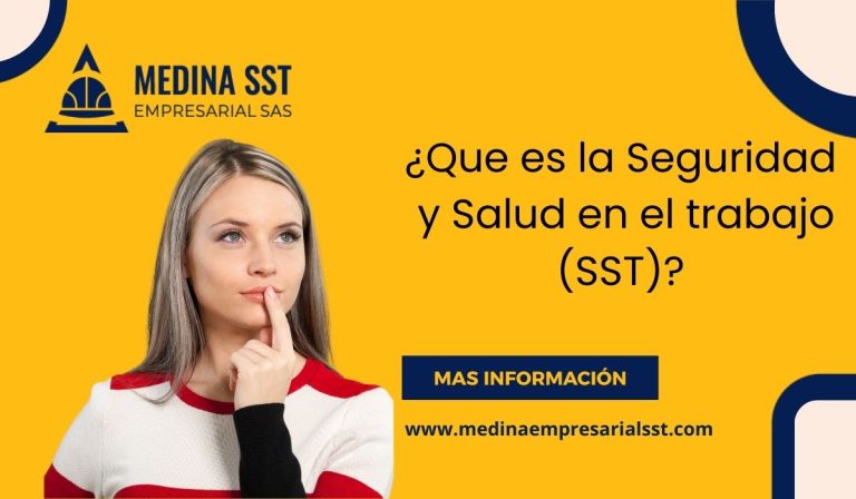 Mujer pensativa junto a un texto sobre Seguridad y Salud en el Trabajo (SST), con un botón de llamada a la acción para más información.