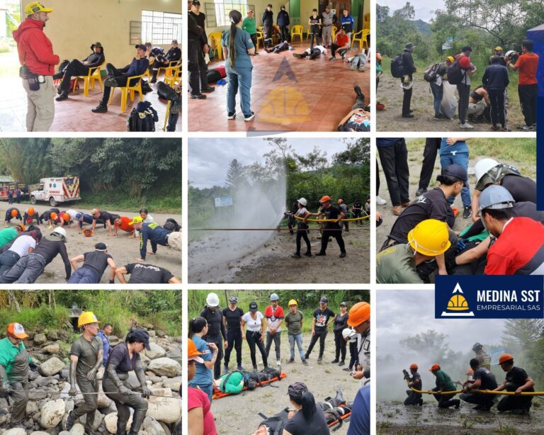 Integrantes de la brigada de emergencias realizando entrenamiento práctico en pista certificada