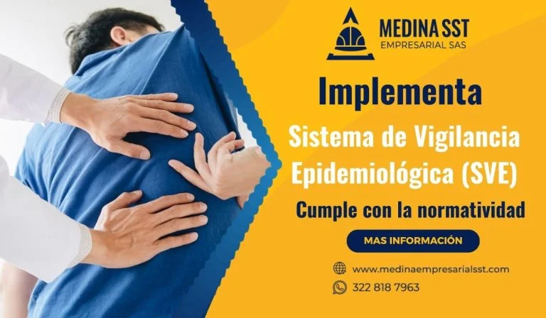 Profesional de salud revisando la espalda de un trabajador, con mensaje corporativo sobre la implementación del sistema de vigilancia epidemiológica para cumplir con la normatividad en SST en Colombia.