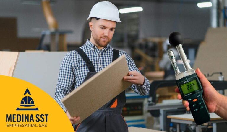 Técnico de seguridad ocupacional aplicando la Guía de Mediciones Ambientales de Estrés Térmico en Fabricación de Muebles (SST) en el área de lijado y ensamble.