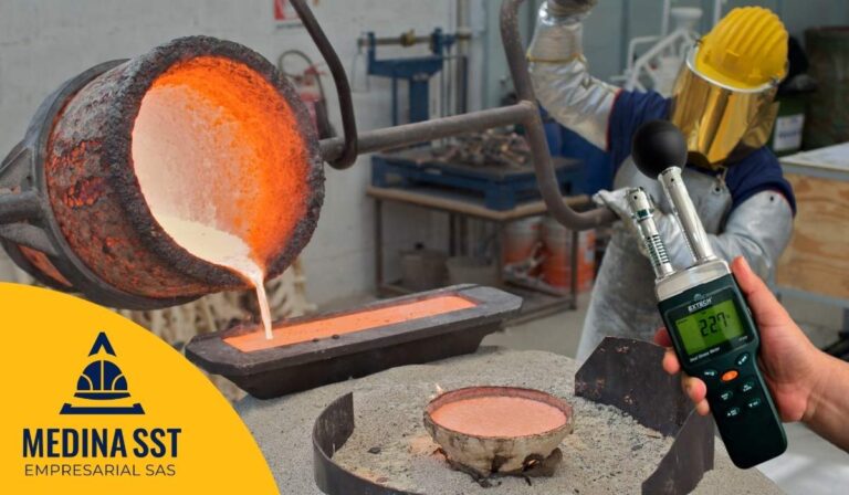 Operario con equipo de protección aluminizado siguiendo la Guía de Mediciones Ambientales de Estrés Térmico en Fundiciones Metálicas (SST).