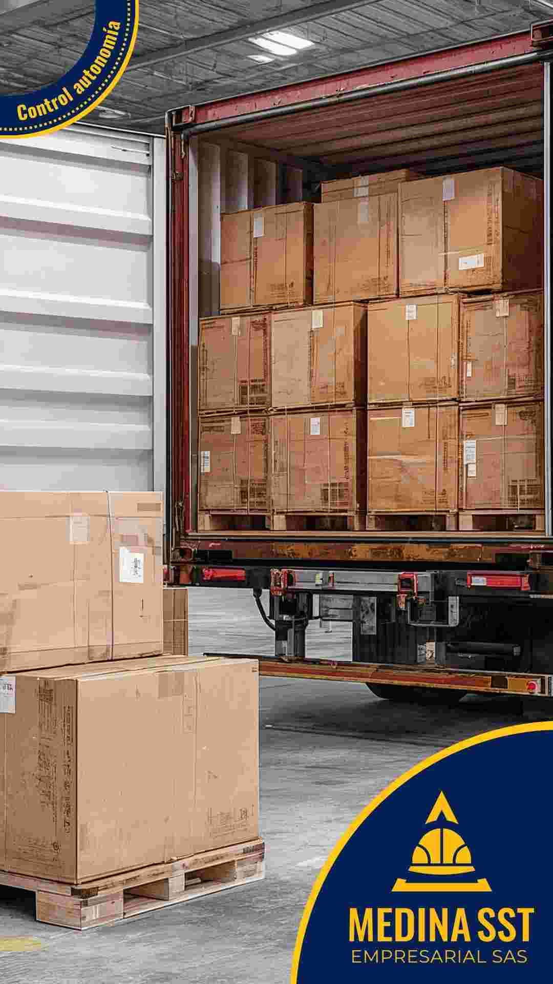 Estibas y cajas cargadas en el contenedor durante el despacho de una bodega