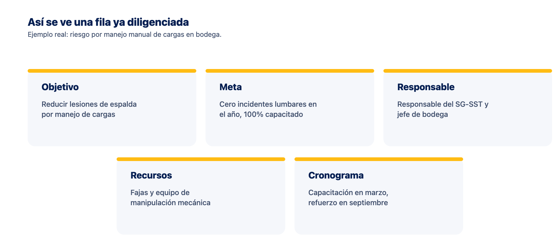 Una fila del Excel ya diligenciada: manejo de cargas Diagrama con una fila del Excel del plan de trabajo anual ya diligenciada para el riesgo de manejo manual de cargas