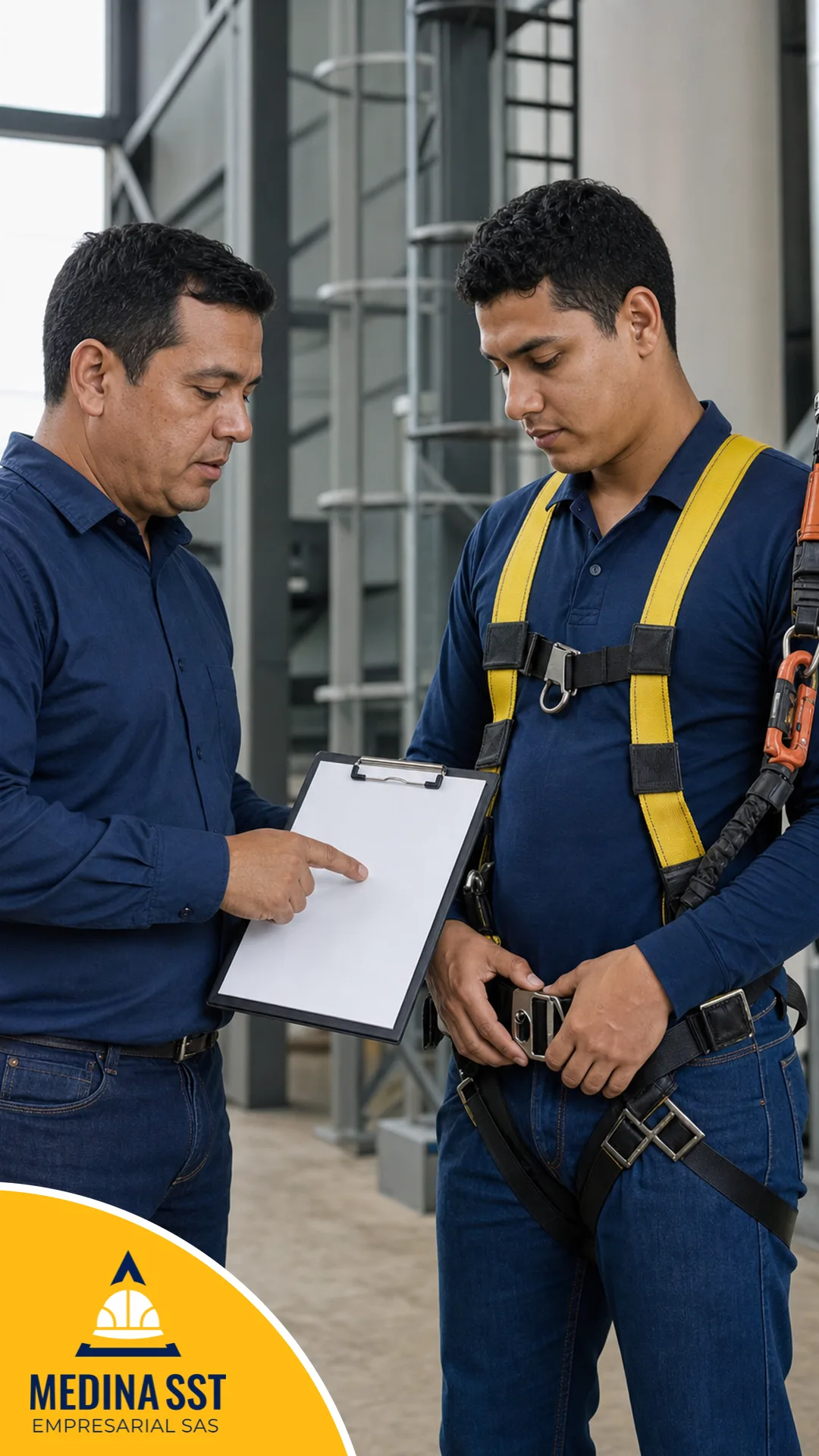 Un objetivo del plan de trabajo anual, ejecutado en campo Técnico de mantenimiento con arnés y línea de vida certificándose en trabajo seguro en alturas, actividad de un plan de trabajo anual SST