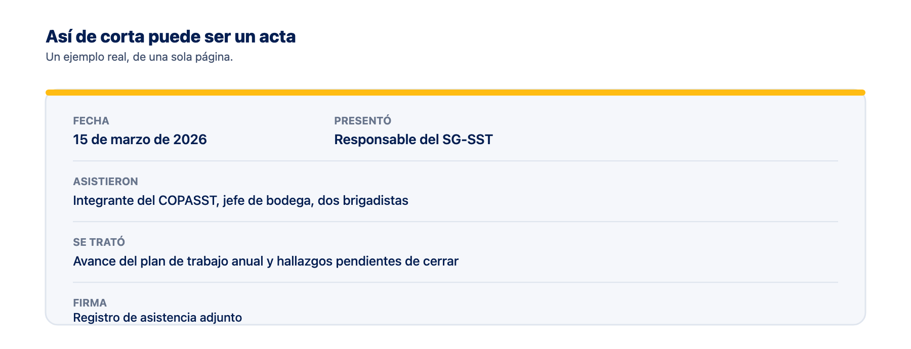 Ejemplo de acta de rendición de cuentas SGSST Ejemplo de acta de rendición de cuentas del SG-SST de una sola página, con fecha, quién presentó, quién asistió y el resumen de lo tratado