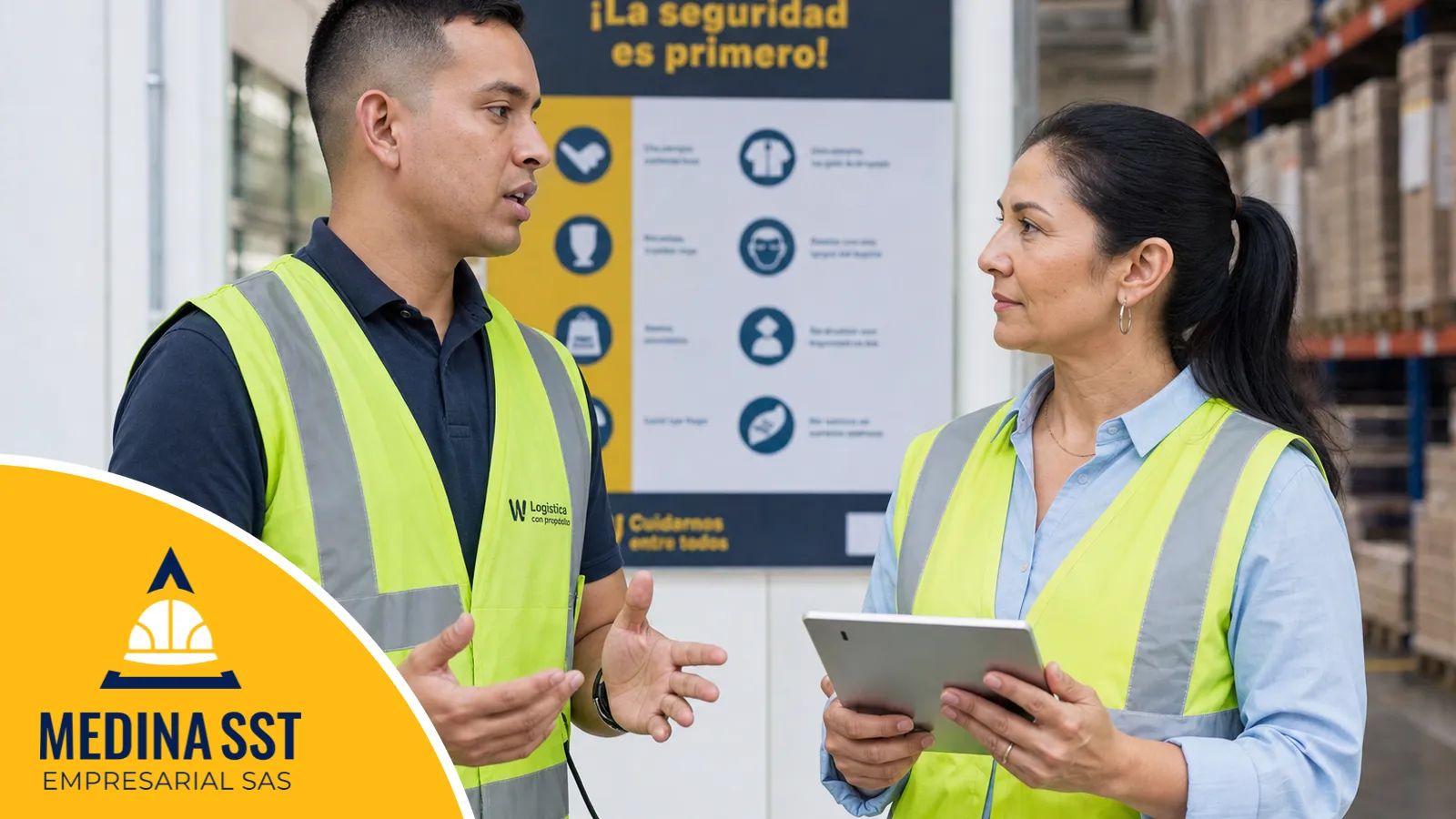 La cultura de reporte que protege los indicadores del SGSST Trabajador de bodega reportando un incidente a su supervisora en un centro de distribución colombiano, con un tablero de reglas de seguridad al fondo
