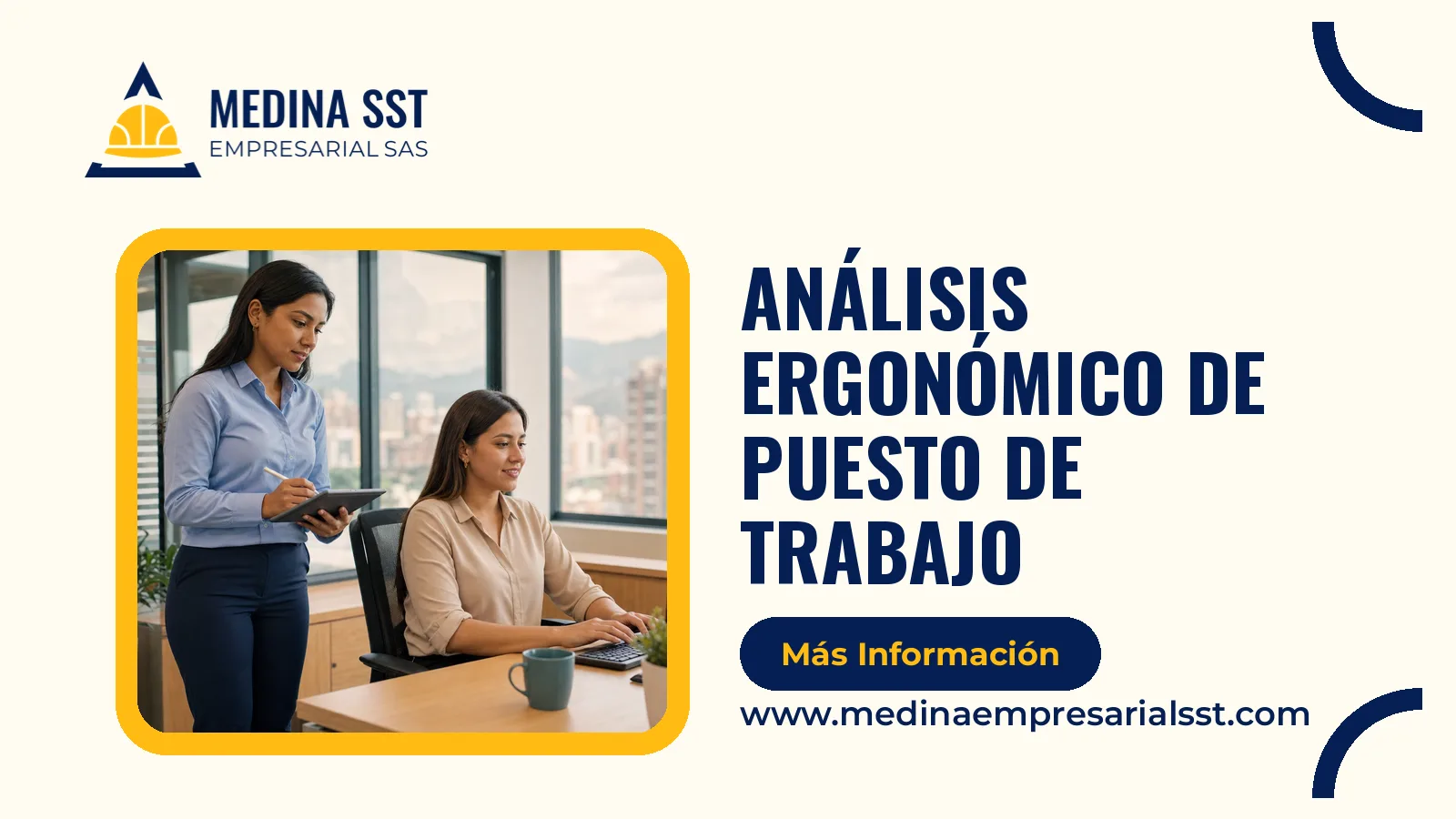 Imagen destacada del artículo sobre análisis ergonómico de puesto de trabajo, con el título y la marca Medina SST Empresarial