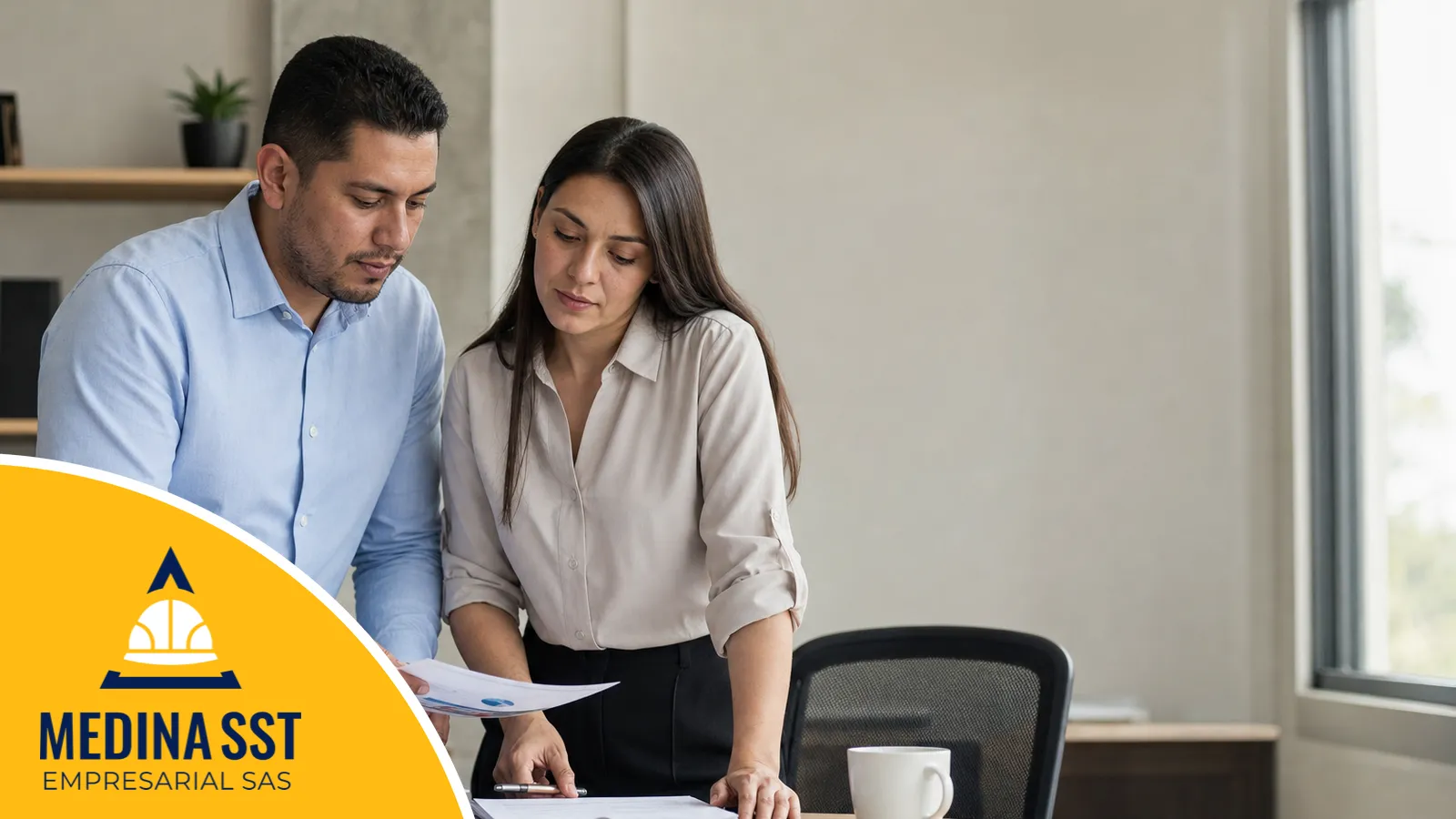 Profesional de seguridad y salud en el trabajo revisando evidencias de una actividad empresarial