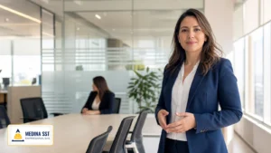 Consultora colombiana de seguridad y salud en el trabajo en una oficina antes de una visita de inspección del Ministerio de Trabajo