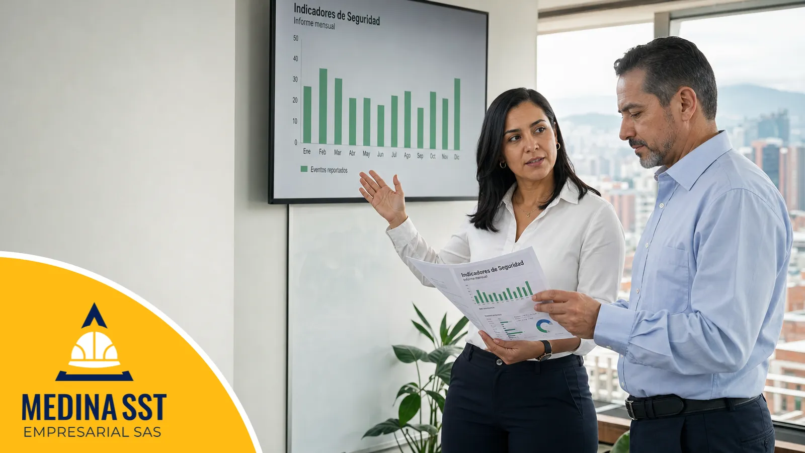 Responsable de seguridad y salud en el trabajo de una empresa colombiana revisando los indicadores del SG-SST del mes