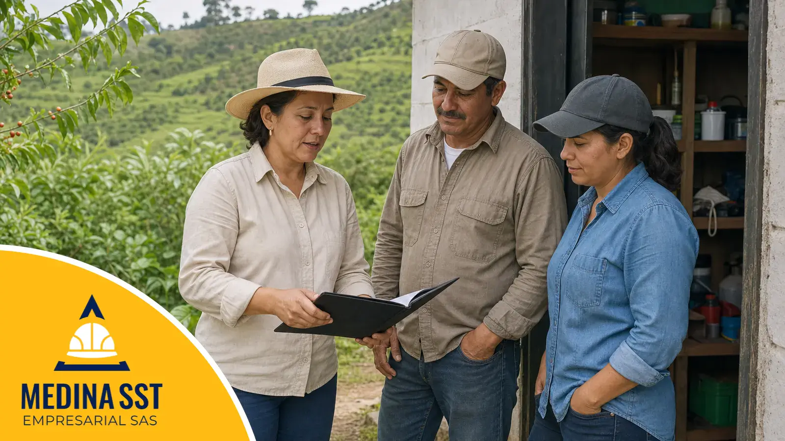 Los estándares mínimos del SGSST en una Unidad de Producción Agropecuaria Administradora de una finca colombiana revisando el registro de seguridad y salud en el trabajo con dos trabajadores agrícolas junto a una bodega de insumos