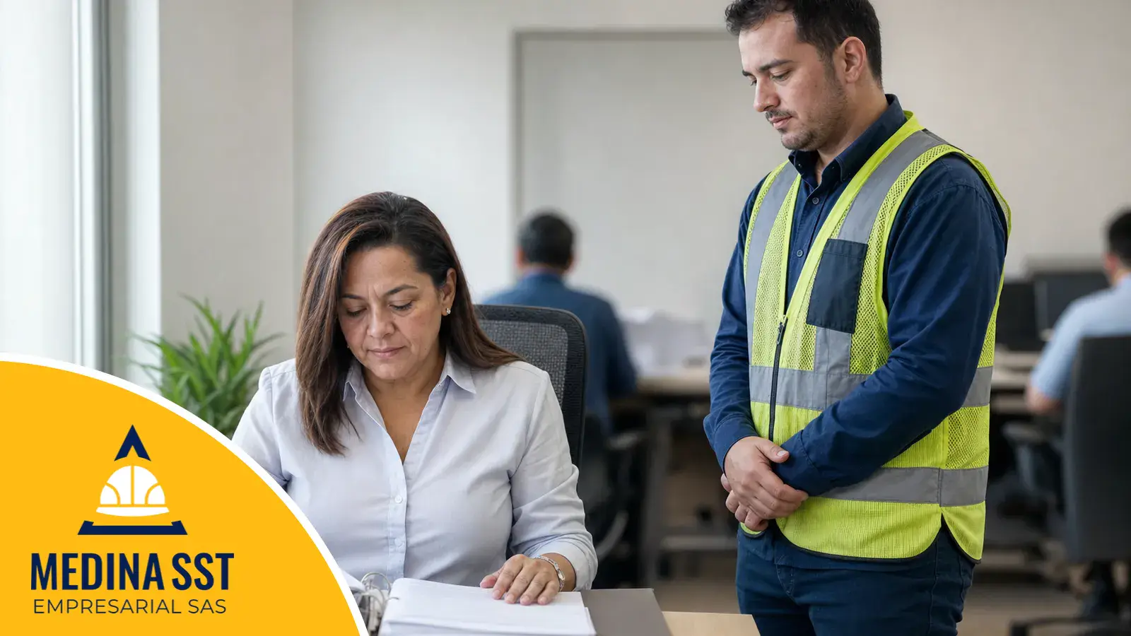La evidencia que sostiene los estándares mínimos del SGSST Inspectora revisando en la oficina de una empresa colombiana la carpeta con la autoevaluación firmada, el plan de mejoramiento y el certificado de afiliación a la ARL