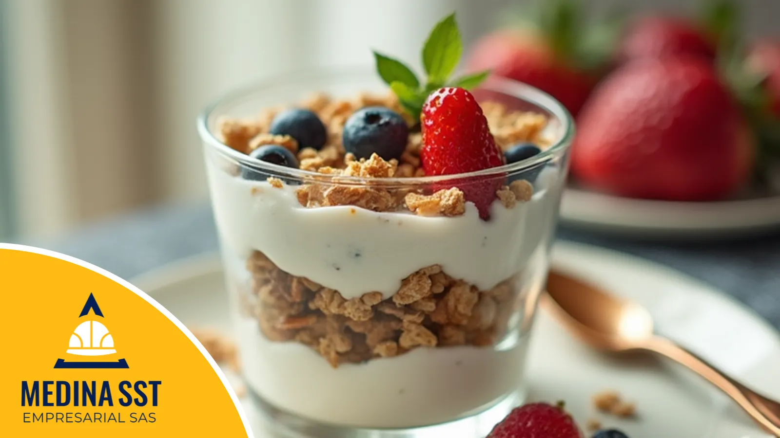 Primer plano de un vaso de parfait con capas de yogur griego, granola y frutos rojos en un entorno de oficina