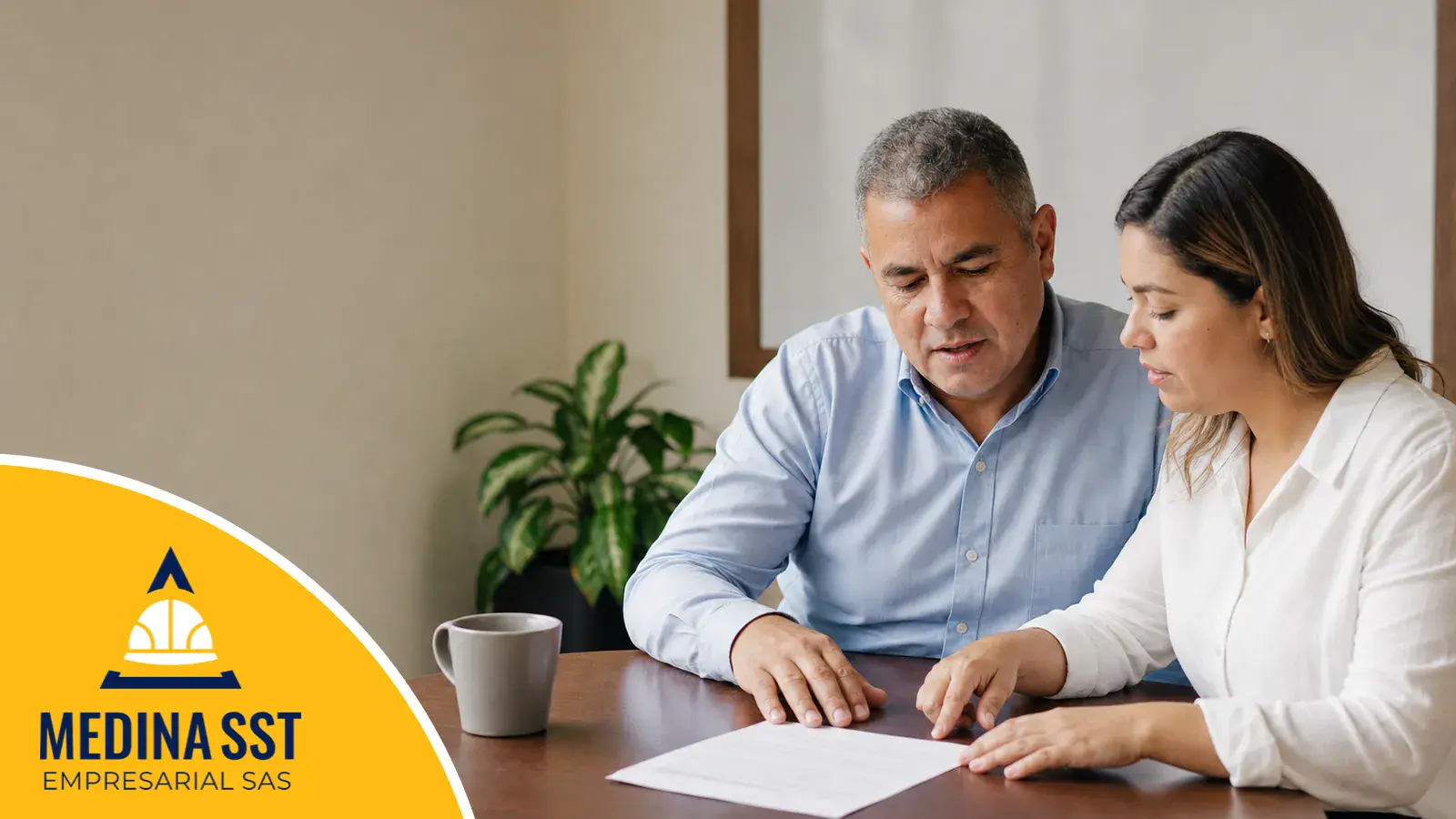 Responsable de seguridad y salud en el trabajo revisando con el gerente de una empresa colombiana el certificado de afiliación a la ARL para determinar qué estándares mínimos del SGSST le aplican
