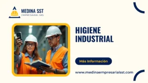 Dos higienistas industriales colombianos con casco blanco, gafas de seguridad y chaleco reflectivo tomando una medición ambiental en una planta