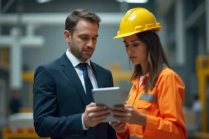 Auditor internacional revisando el sistema de gestión ISO 45001 con un gerente de planta
